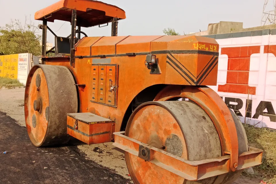 Road roller on construction site