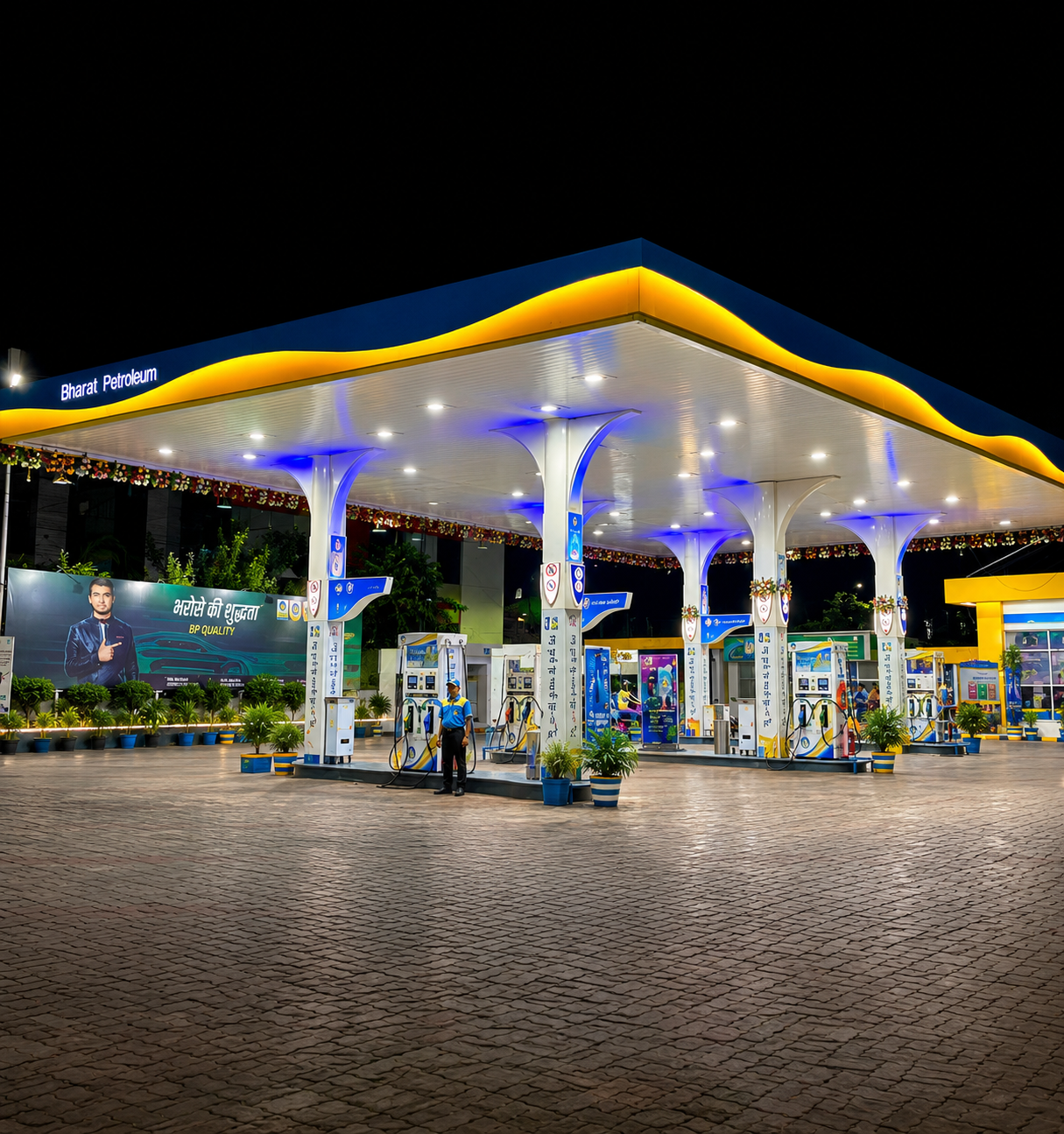 Bharat Petroleum dealership at night